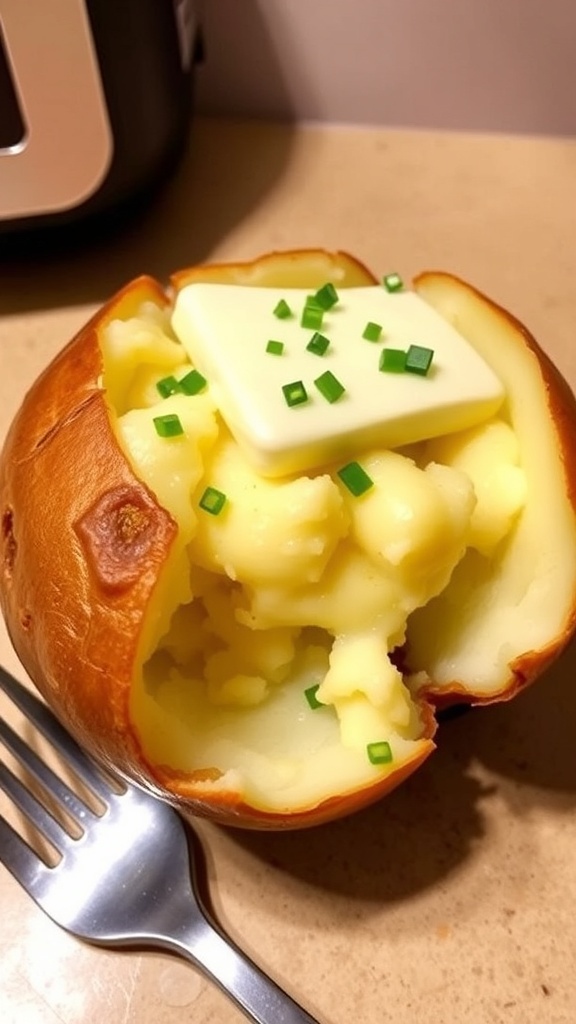 Quick Microwave Baked Potato Recipe A fluffy microwave baked potato topped with butter and chives on a kitchen countertop.